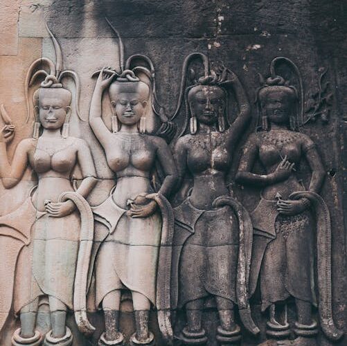 Bas-reliefs sculptés dans la pierre du temple Bayon, Angkor Wat, Cambodge